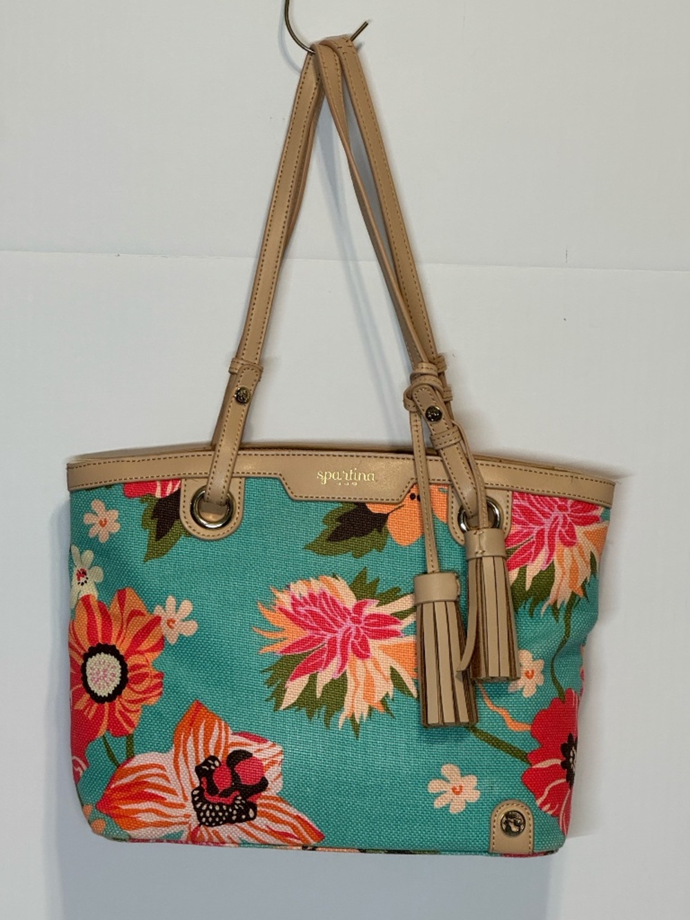Spartina 449 Daufuskie Island Floral Canvas Tote Bag Tassel Leather Trim